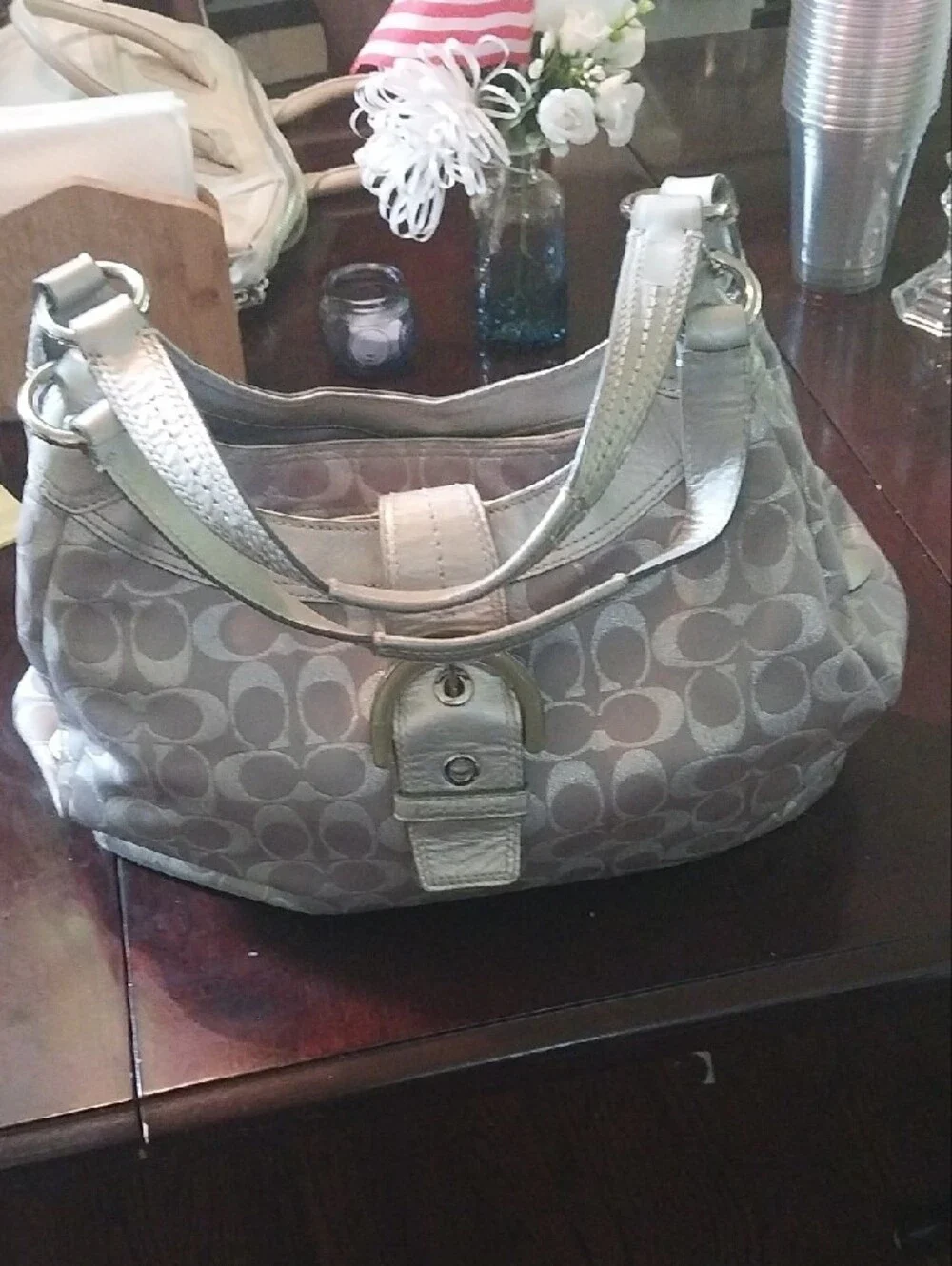 Coach Designer-Style Taupe Signature Pattern Shoulder Bag with Matching Wallet